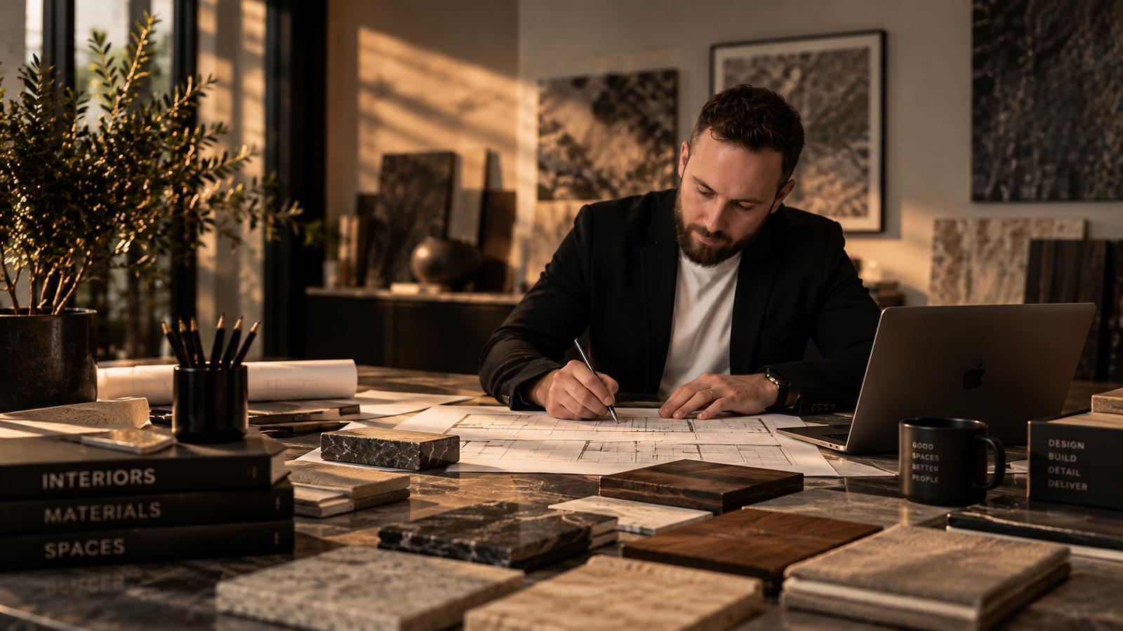 Reviewing drawings and material samples in the studio